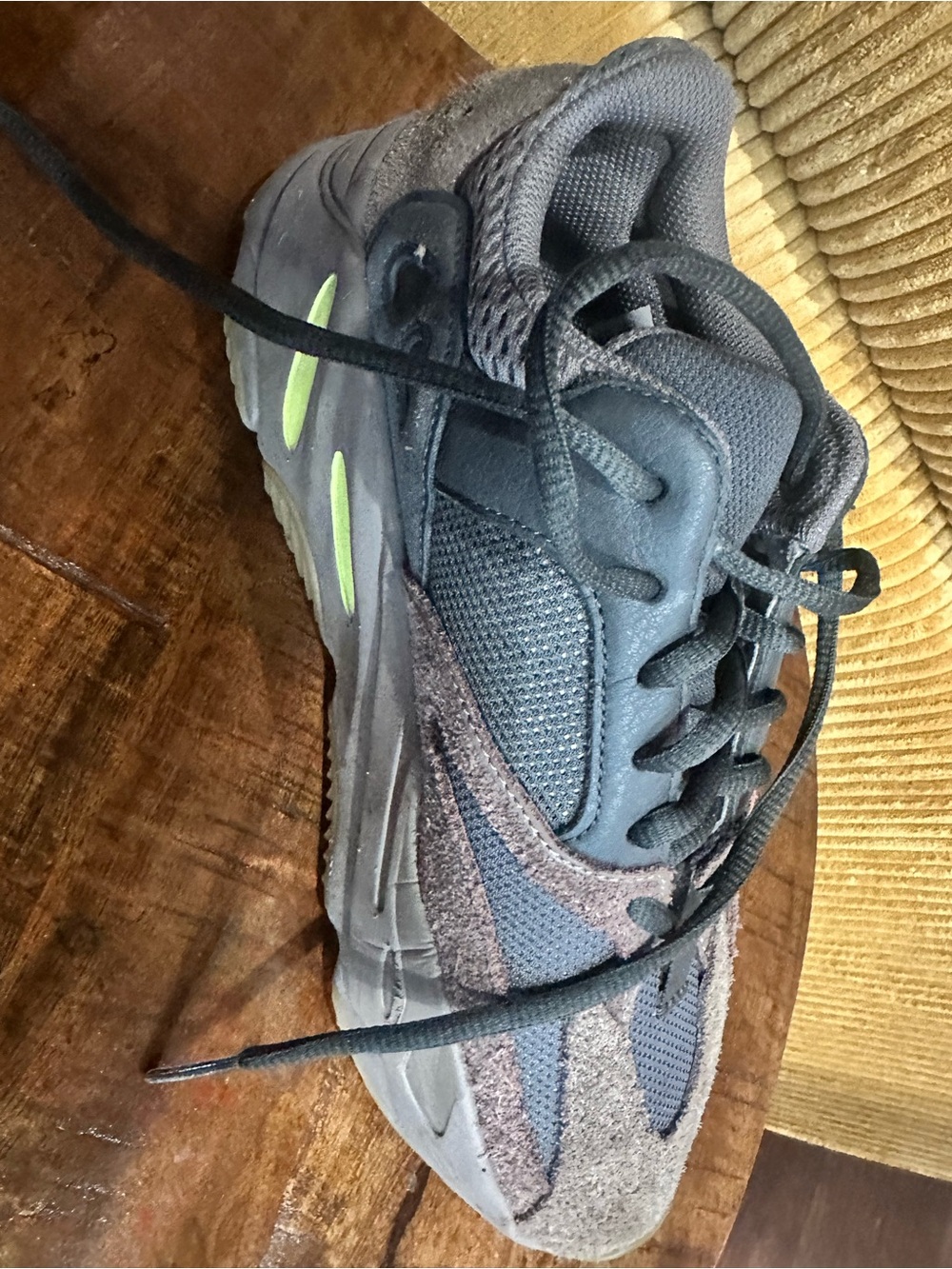 Kids Yeezy Athletic Sneakers in Dark Gray with Lime Accents